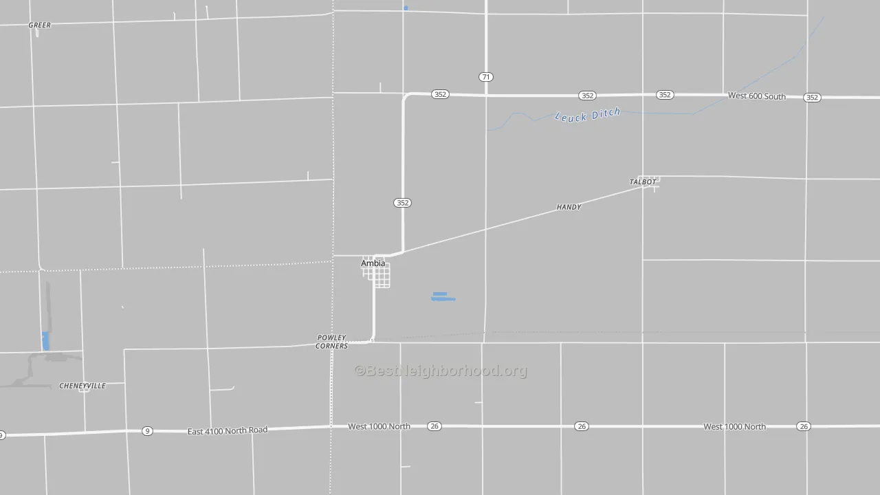 Walk Grade map of Ambia, IN, walkable areas in green and car-dependent areas in red