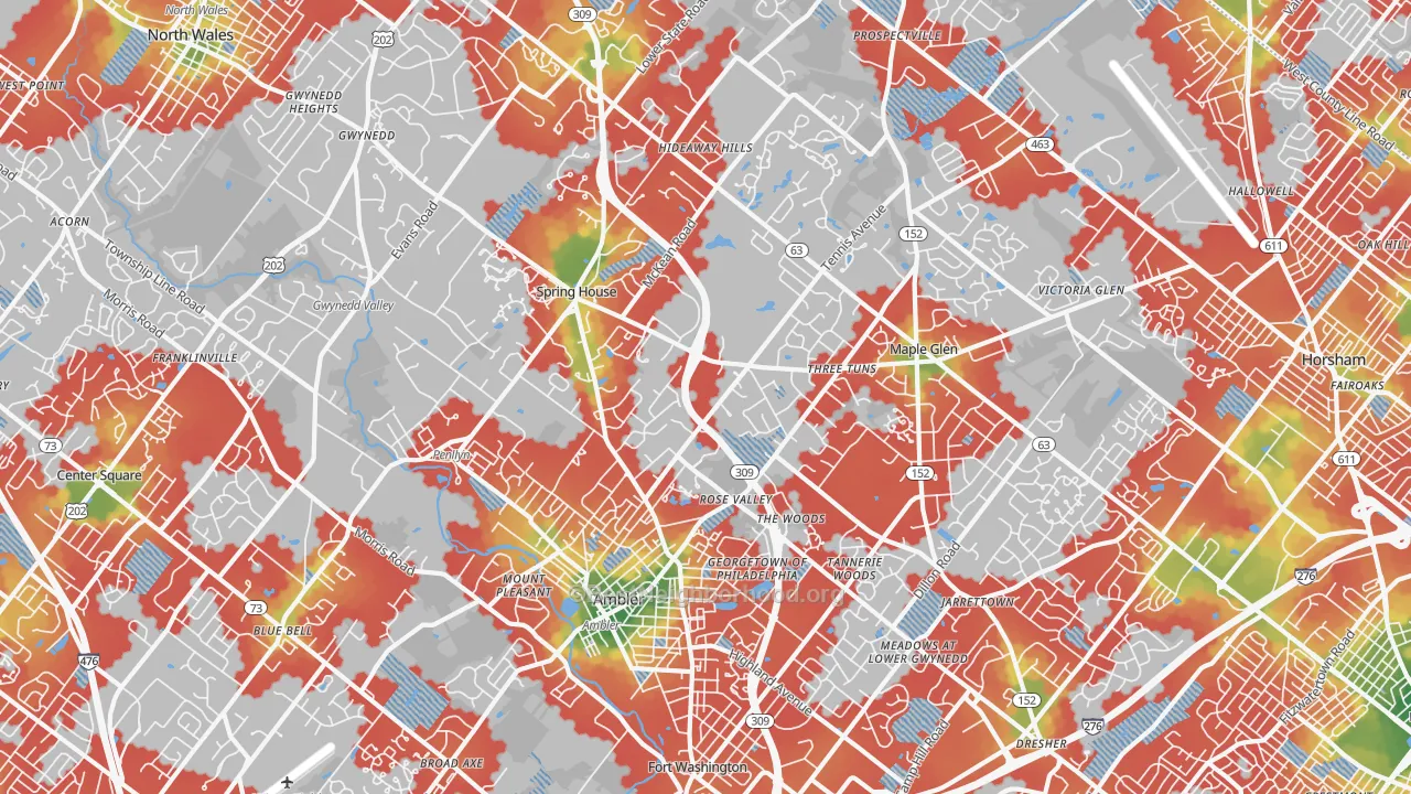 Walk Grade map of Ambler, PA, walkable areas in green and car-dependent areas in red