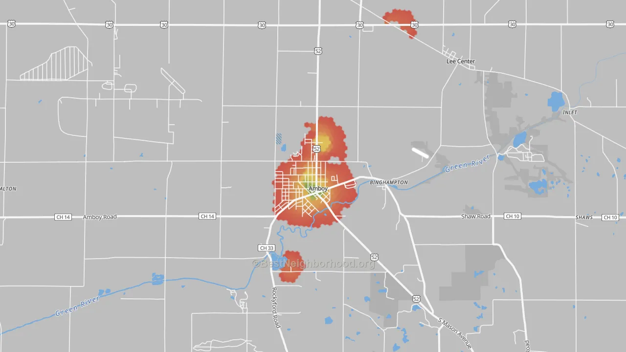 Walk Grade map of Amboy, IL, walkable areas in green and car-dependent areas in red