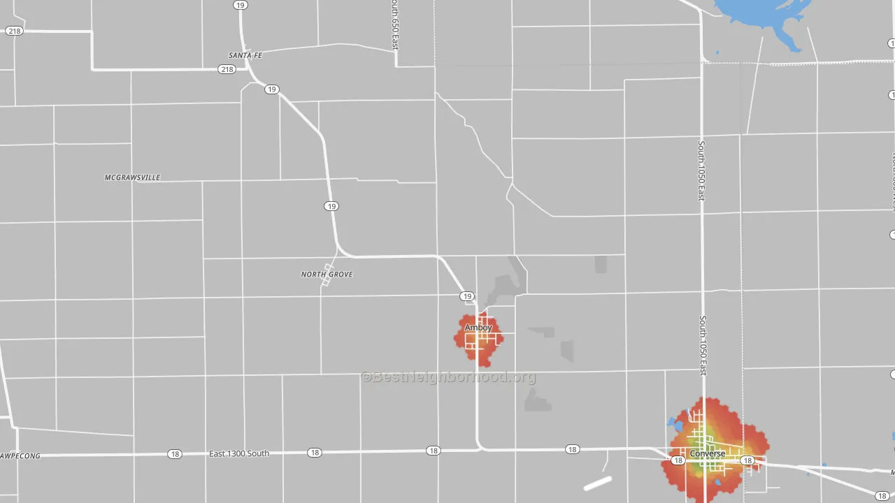 Walk Grade map of Amboy, IN, walkable areas in green and car-dependent areas in red