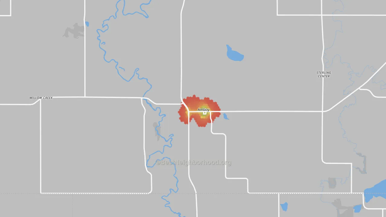 Walk Grade map of Amboy, MN, walkable areas in green and car-dependent areas in red