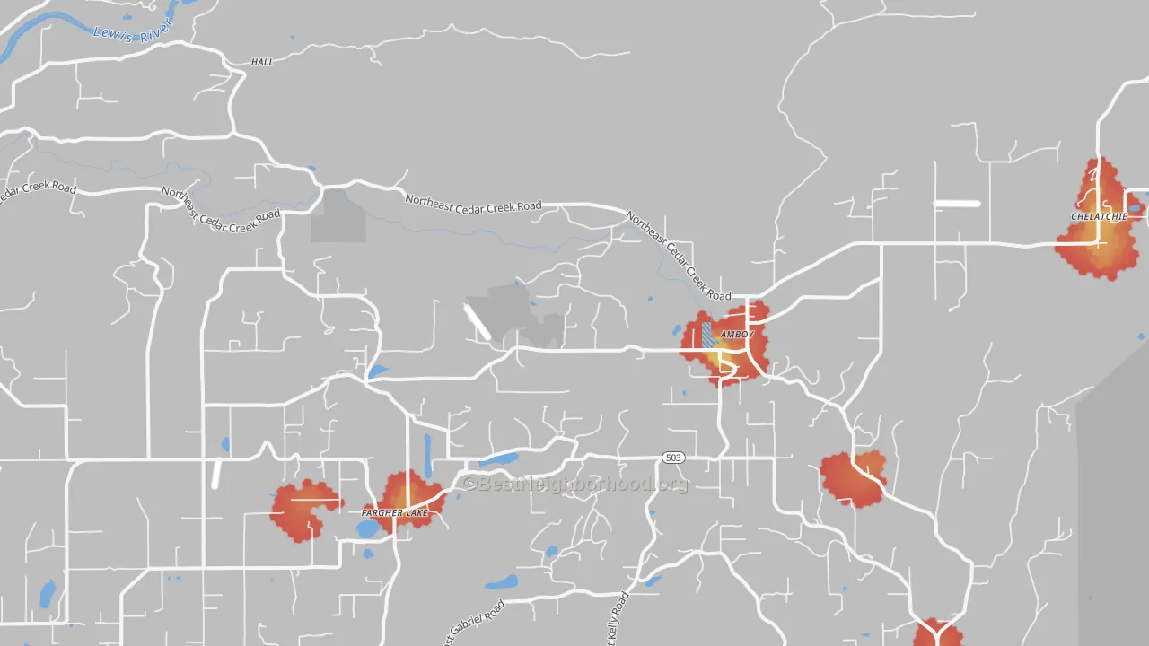Walk Grade map of Amboy, WA, walkable areas in green and car-dependent areas in red