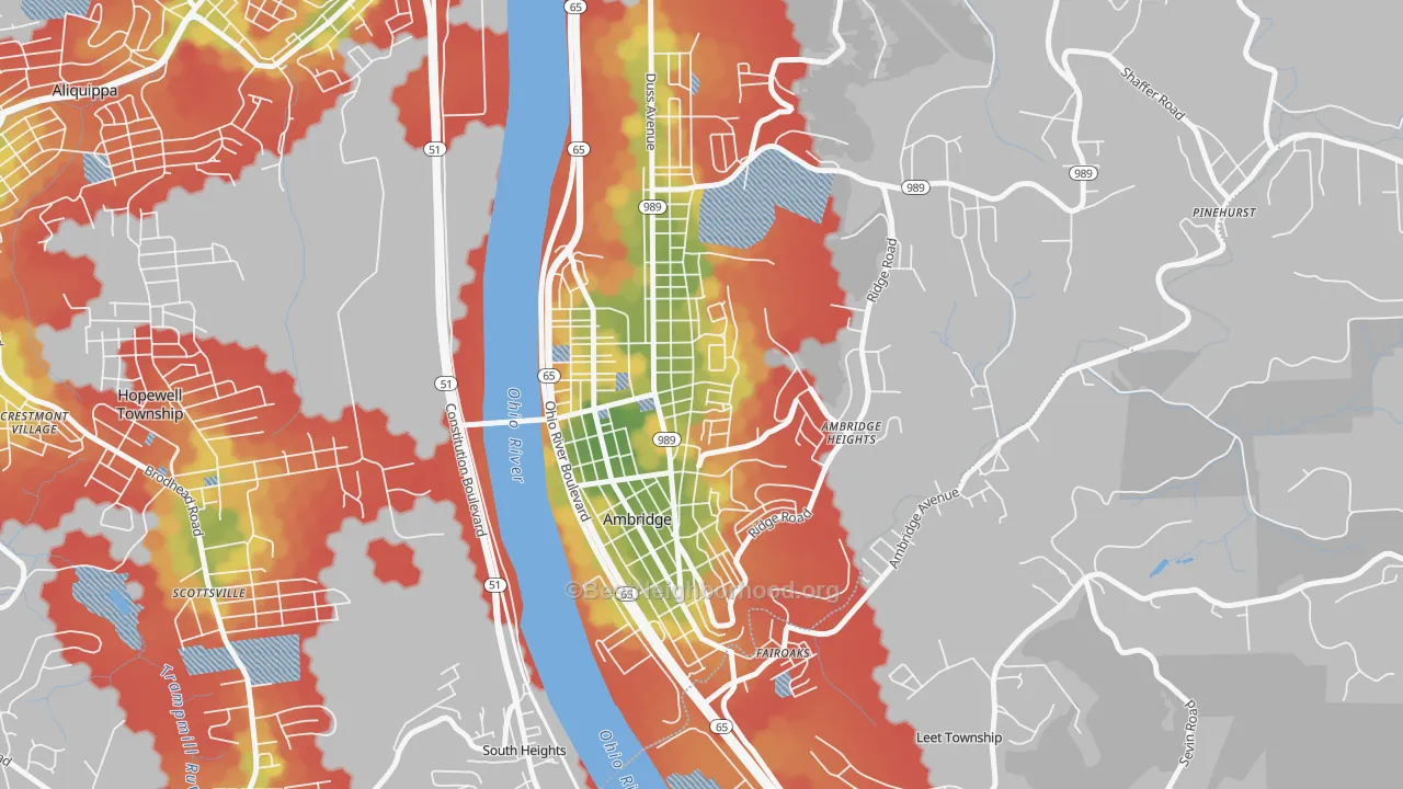 Walk Grade map of Ambridge, PA, walkable areas in green and car-dependent areas in red