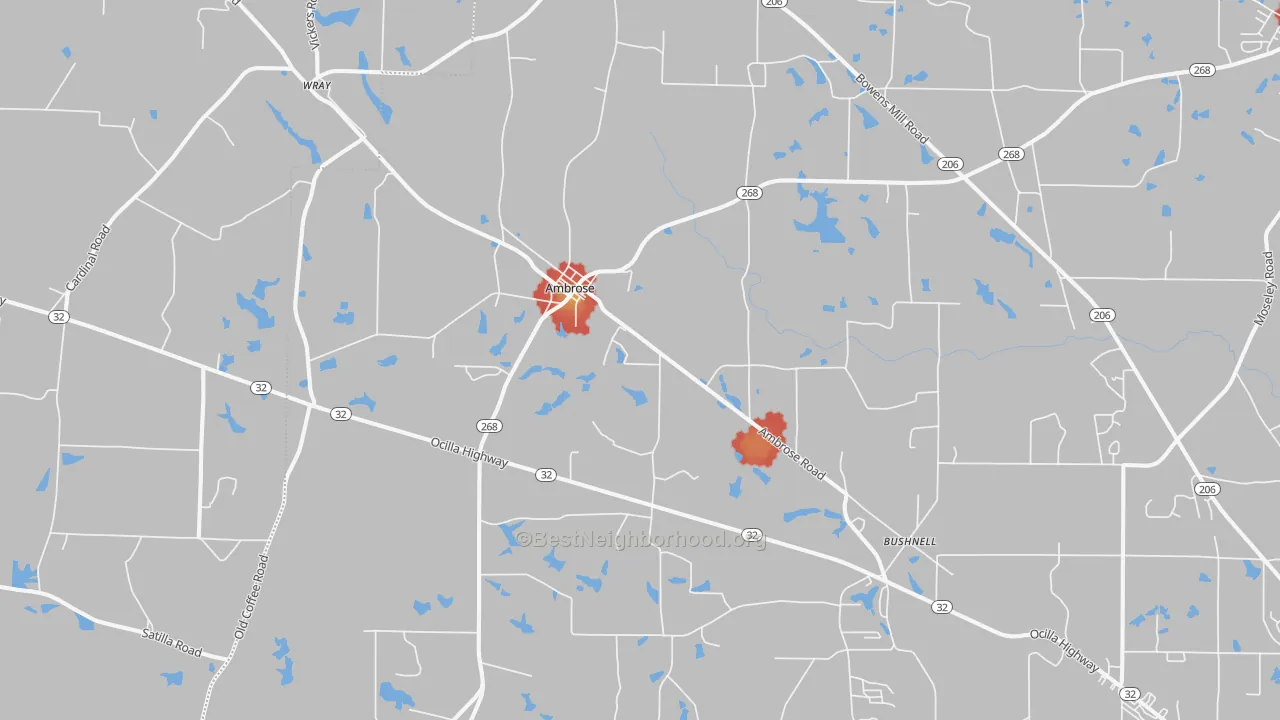 Walk Grade map of Ambrose, GA, walkable areas in green and car-dependent areas in red