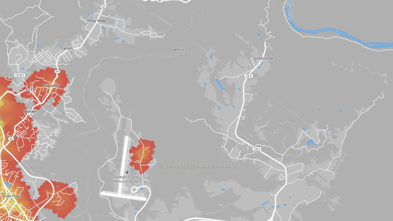 Walk Grade map of Ameagle, WV, walkable areas in green and car-dependent areas in red