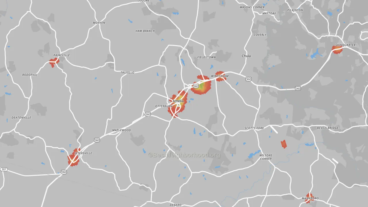 Walk Grade map of Amelia County, VA, walkable areas in green and car-dependent areas in red