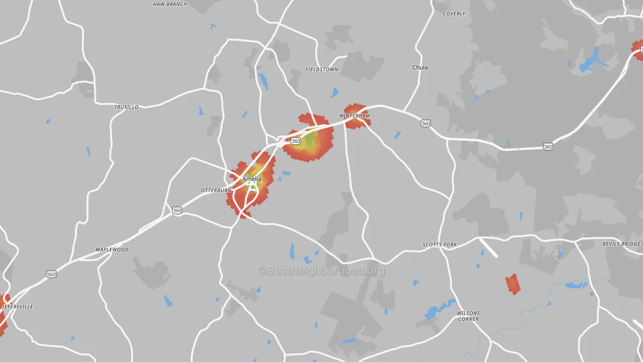 Walk Grade map of Amelia Court House, VA, walkable areas in green and car-dependent areas in red