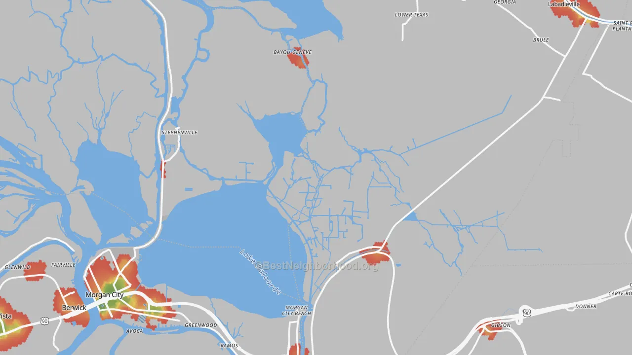 Walk Grade map of Amelia, LA, walkable areas in green and car-dependent areas in red