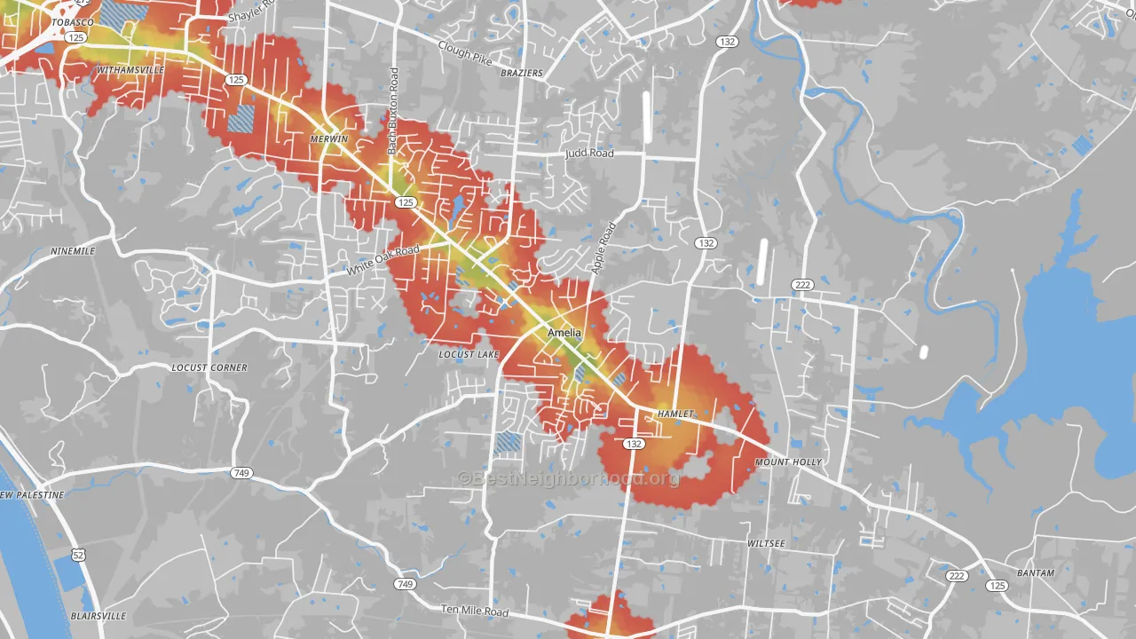 Walk Grade map of Amelia, OH, walkable areas in green and car-dependent areas in red