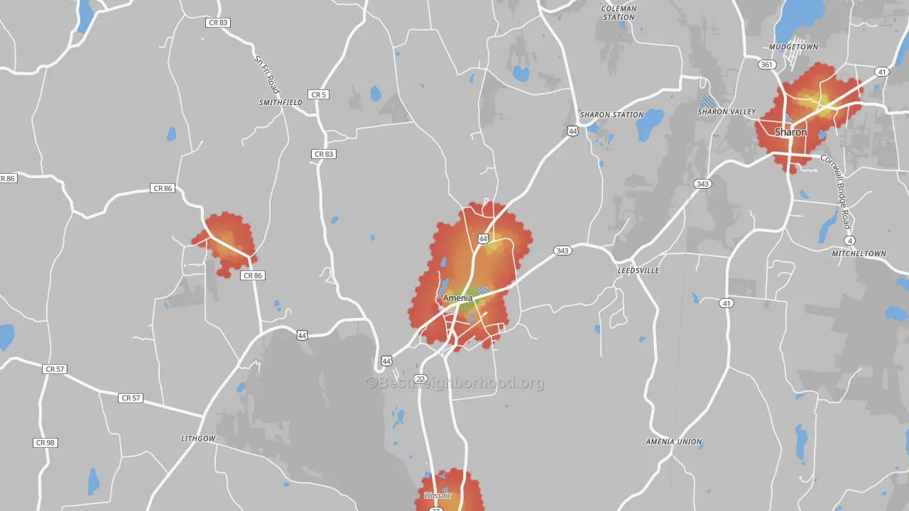 Walk Grade map of Amenia, NY, walkable areas in green and car-dependent areas in red
