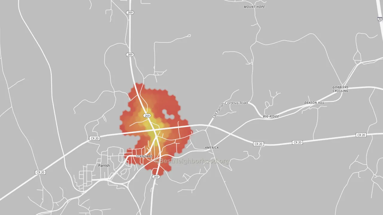 Walk Grade map of America, AL, walkable areas in green and car-dependent areas in red