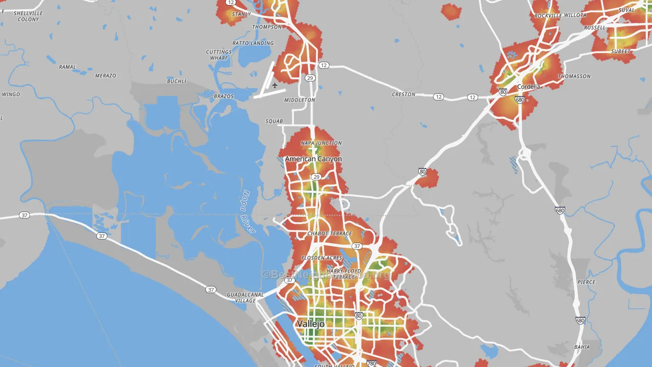 Walk Grade map of American Canyon, CA, walkable areas in green and car-dependent areas in red