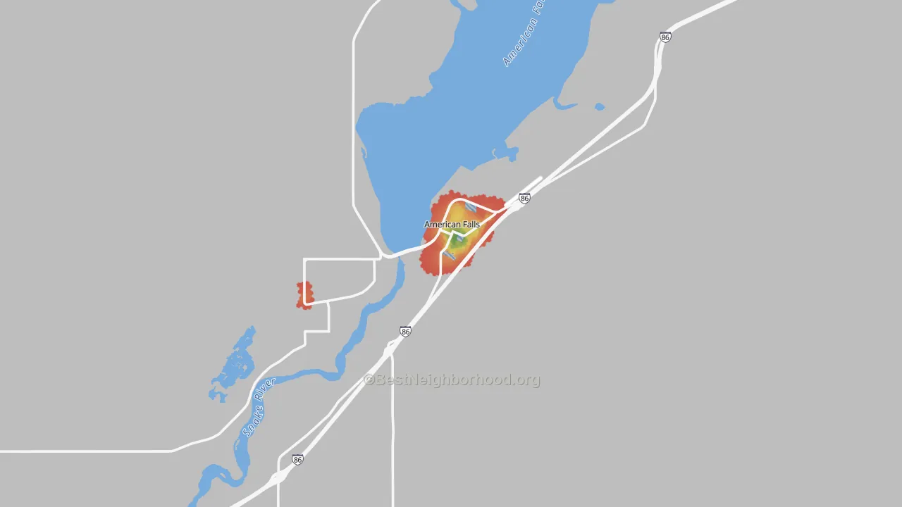 Walk Grade map of American Falls, ID, walkable areas in green and car-dependent areas in red