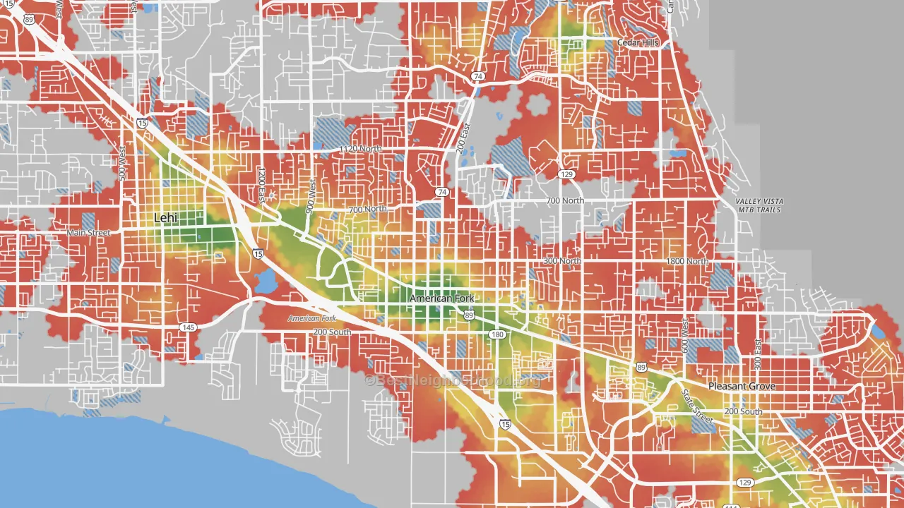 Walk Grade map of American Fork, UT, walkable areas in green and car-dependent areas in red