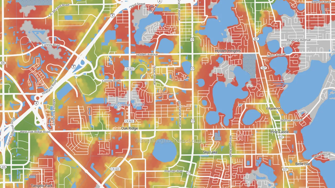 Walk Grade map of Americana, Oak Ridge, FL, walkable areas in green and car-dependent areas in red