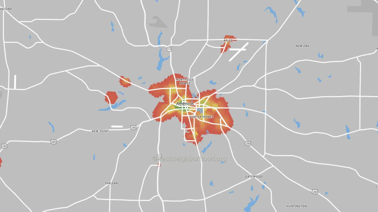 Walk Grade map of Americus, GA, walkable areas in green and car-dependent areas in red