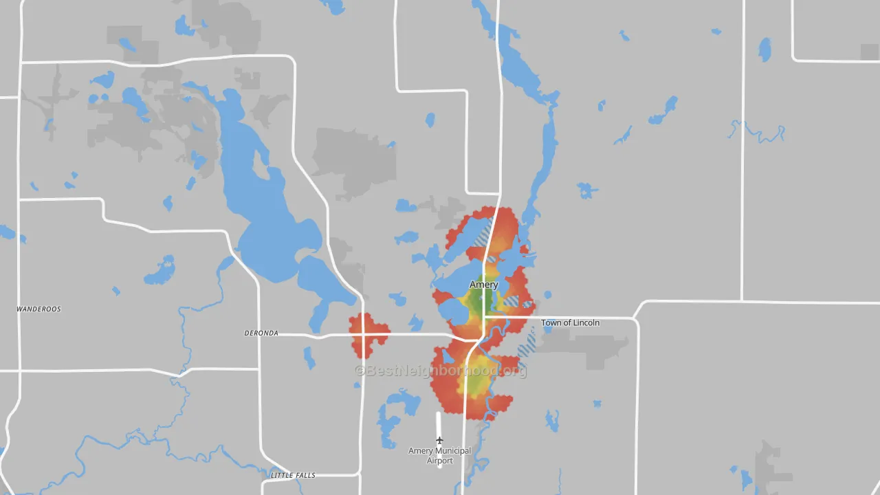 Walk Grade map of Amery, WI, walkable areas in green and car-dependent areas in red