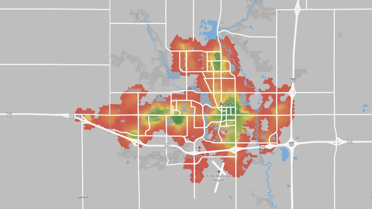 Walk Grade map of Ames, IA, walkable areas in green and car-dependent areas in red