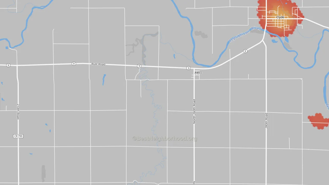 Walk Grade map of Ames, KS, walkable areas in green and car-dependent areas in red