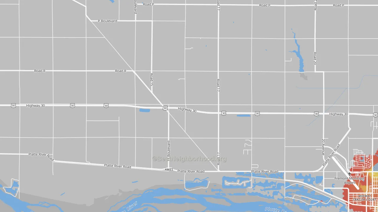 Walk Grade map of Ames, NE, walkable areas in green and car-dependent areas in red