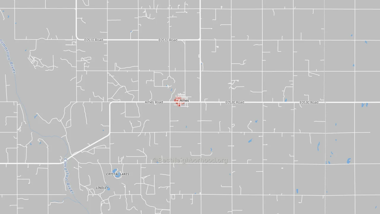 Walk Grade map of Ames, OK, walkable areas in green and car-dependent areas in red