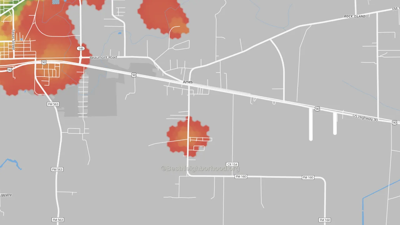 Walk Grade map of Ames, TX, walkable areas in green and car-dependent areas in red