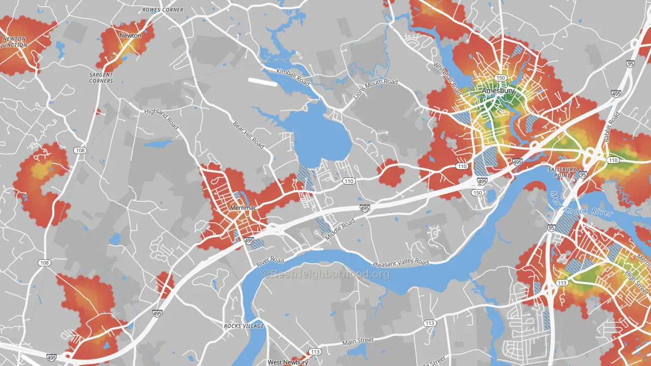Walk Grade map of Amesbury, MA, walkable areas in green and car-dependent areas in red