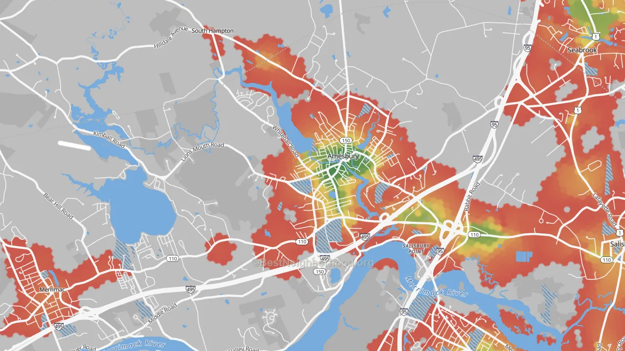 Walk Grade map of Amesbury Town, MA, walkable areas in green and car-dependent areas in red