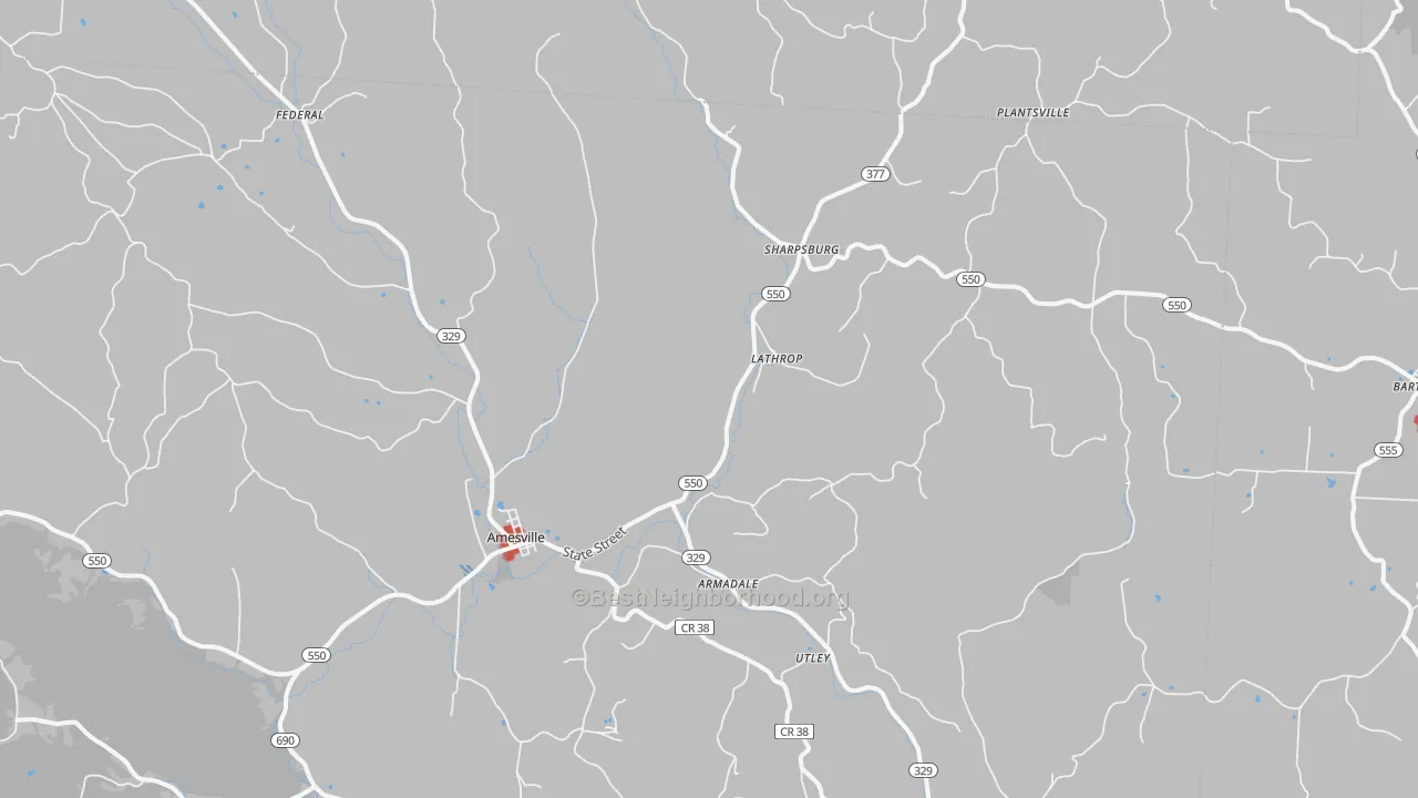 Walk Grade map of Amesville, OH, walkable areas in green and car-dependent areas in red
