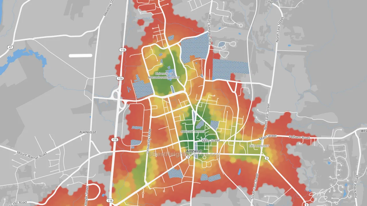 Walk Grade map of Amherst Center, MA, walkable areas in green and car-dependent areas in red