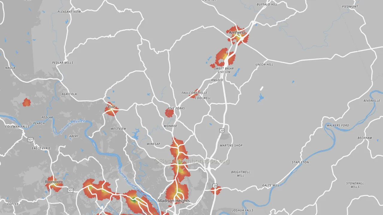 Walk Grade map of Amherst County, VA, walkable areas in green and car-dependent areas in red