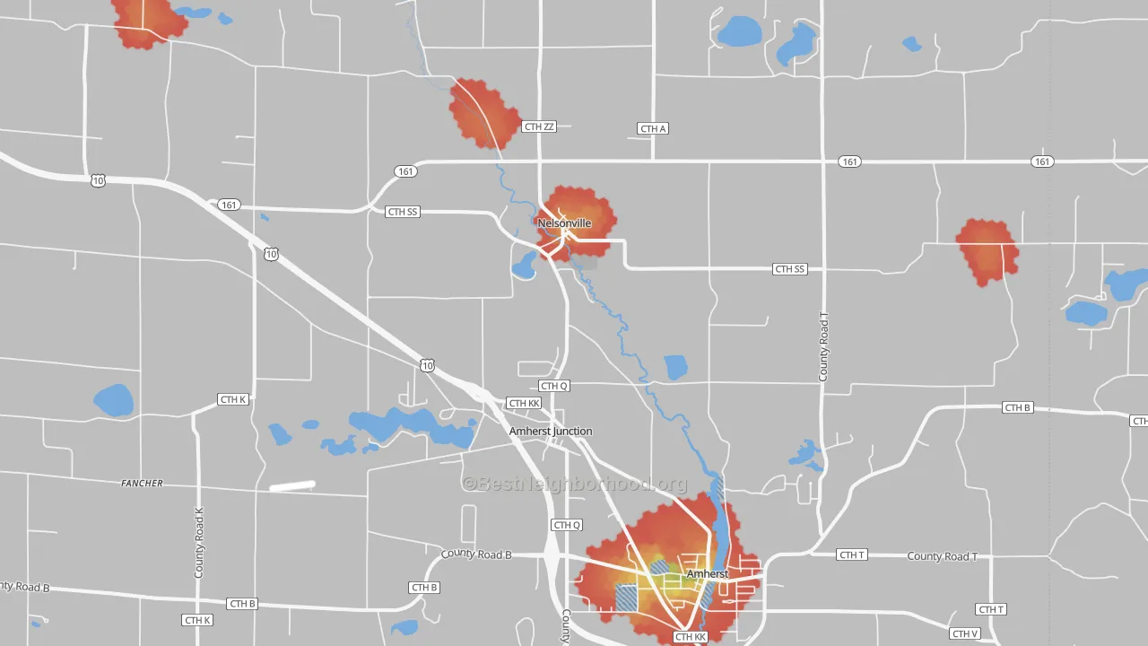 Walk Grade map of Amherst Junction, WI, walkable areas in green and car-dependent areas in red