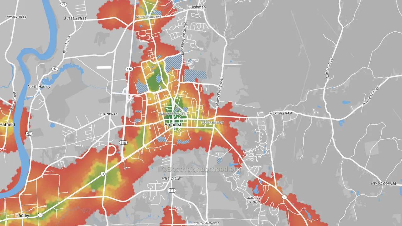 Walk Grade map of Amherst, MA, walkable areas in green and car-dependent areas in red