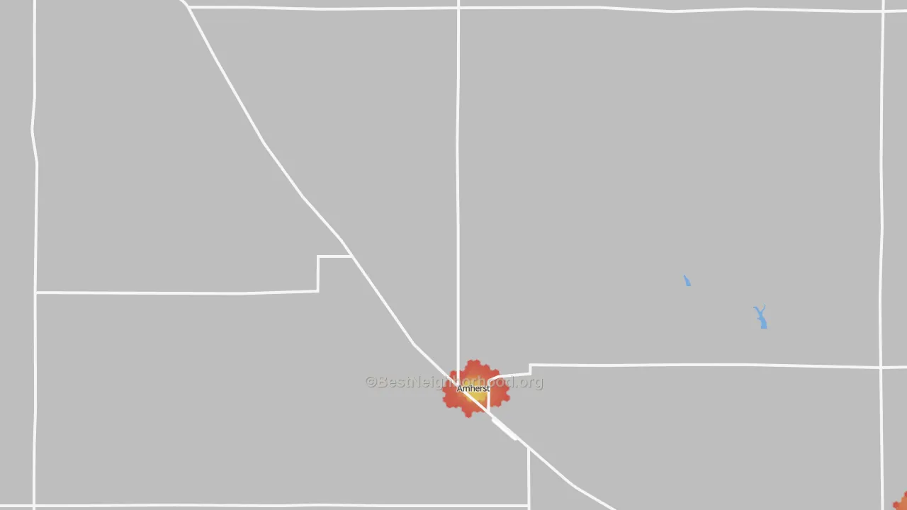 Walk Grade map of Amherst, NE, walkable areas in green and car-dependent areas in red