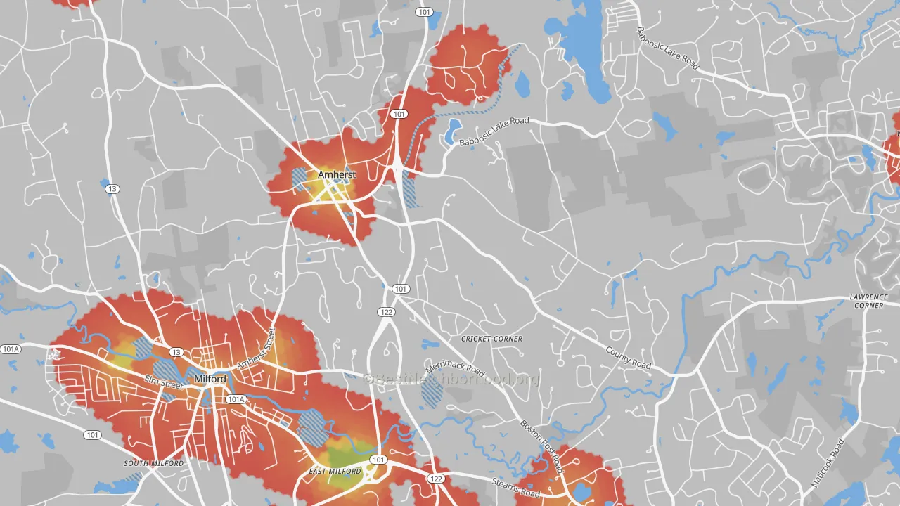 Walk Grade map of Amherst, NH, walkable areas in green and car-dependent areas in red