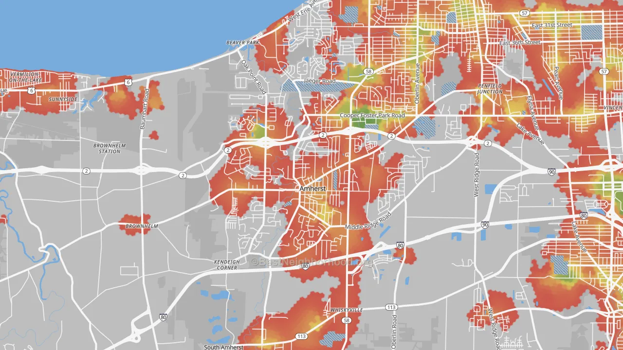 Walk Grade map of Amherst, OH, walkable areas in green and car-dependent areas in red