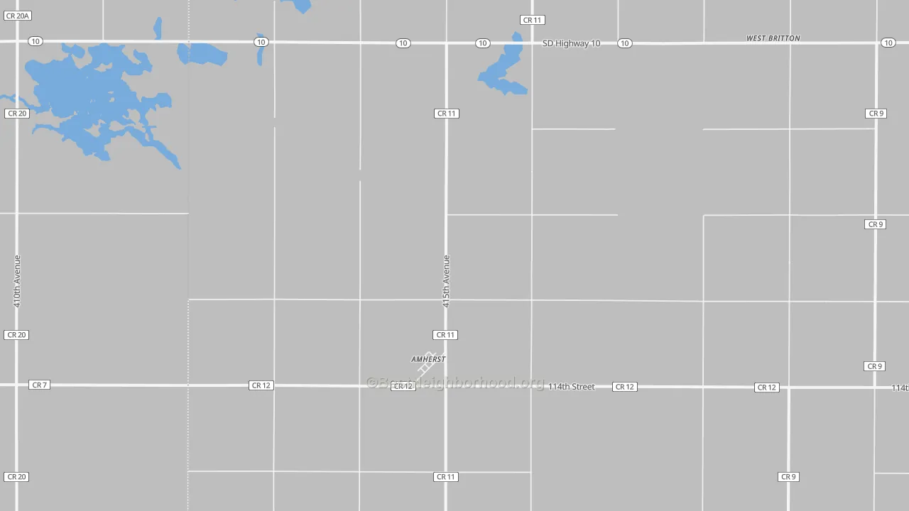 Walk Grade map of Amherst, SD, walkable areas in green and car-dependent areas in red