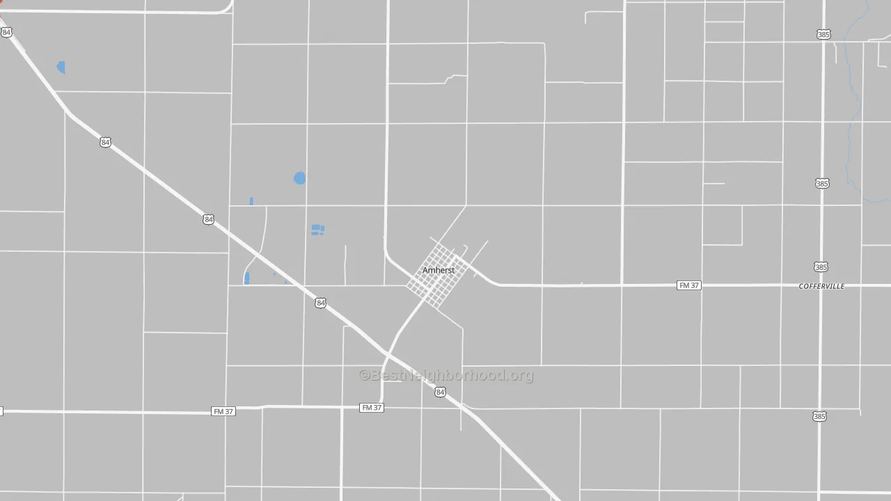 Walk Grade map of Amherst, TX, walkable areas in green and car-dependent areas in red