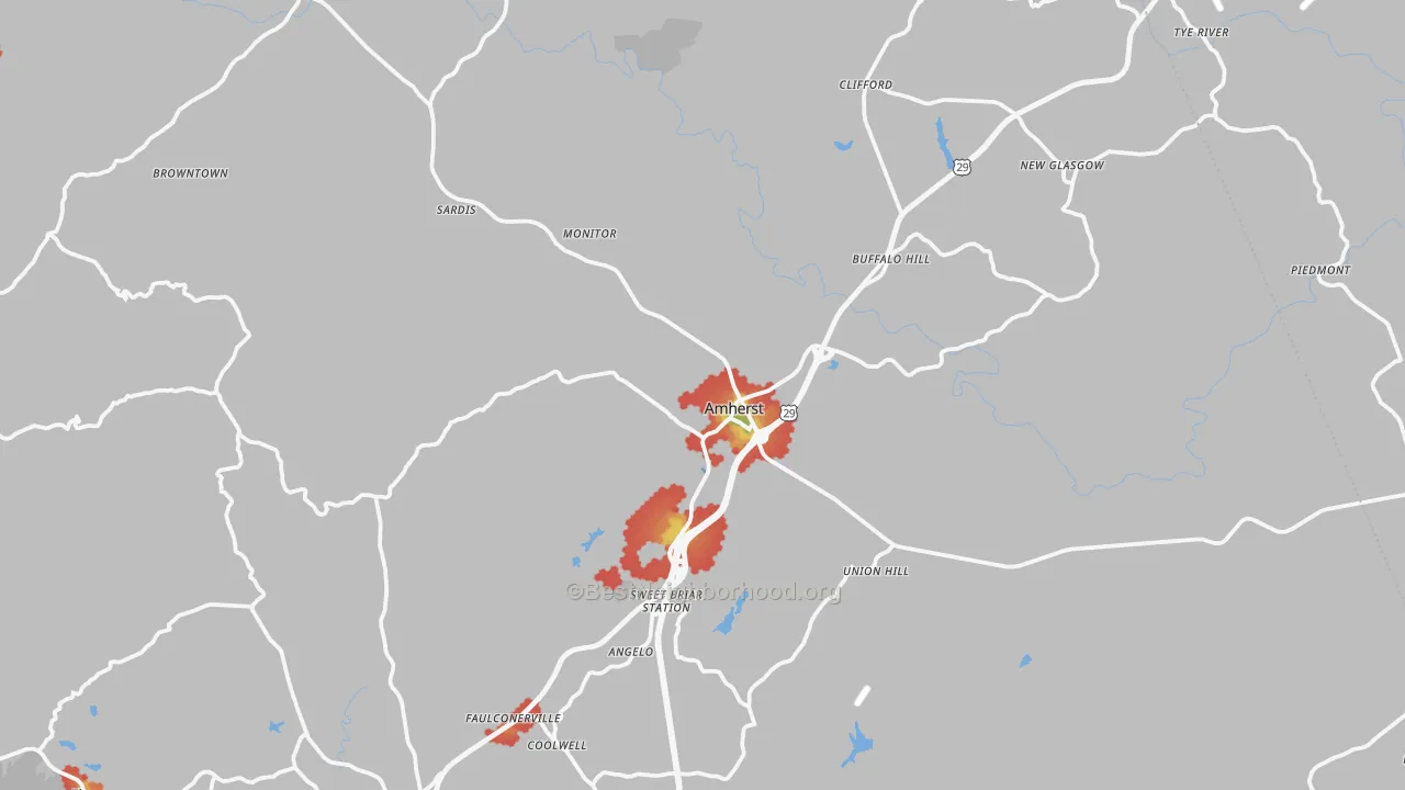 Walk Grade map of Amherst, VA, walkable areas in green and car-dependent areas in red