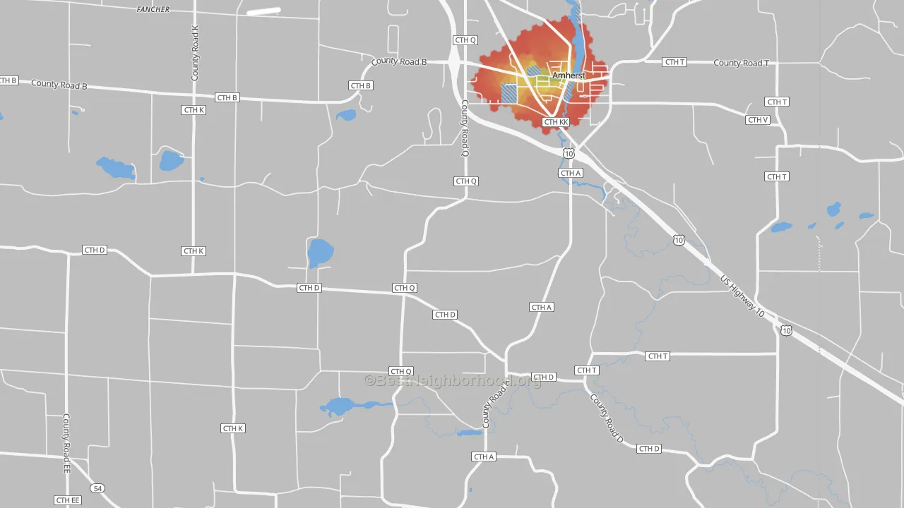 Walk Grade map of Amherst, WI, walkable areas in green and car-dependent areas in red