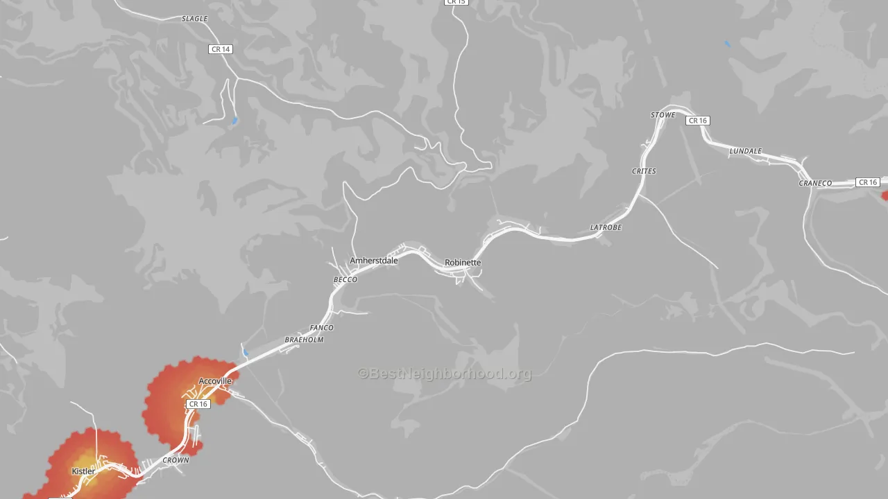 Walk Grade map of Amherstdale, WV, walkable areas in green and car-dependent areas in red