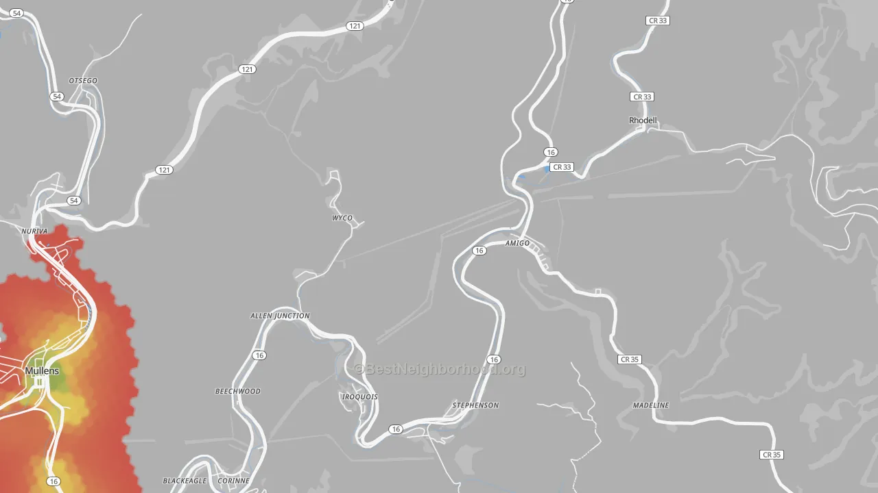 Walk Grade map of Amigo, WV, walkable areas in green and car-dependent areas in red