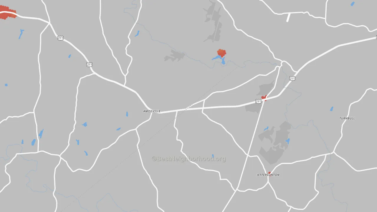 Walk Grade map of Amissville, VA, walkable areas in green and car-dependent areas in red