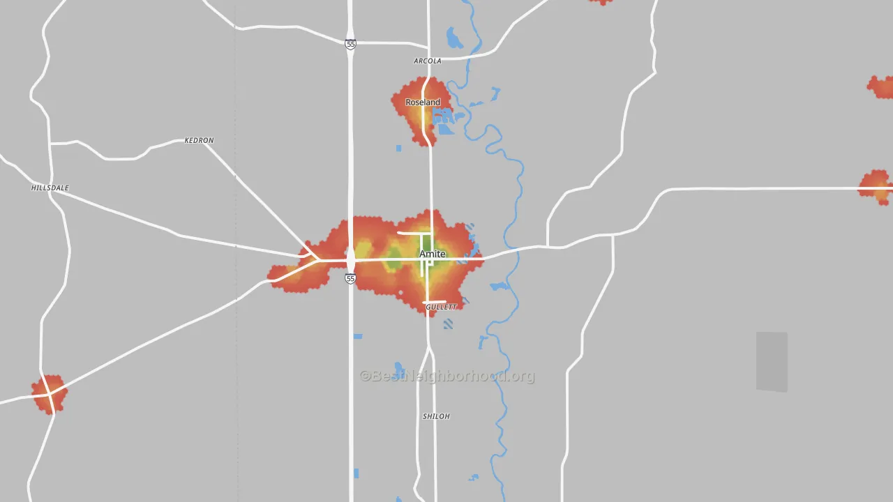 Walk Grade map of Amite City, LA, walkable areas in green and car-dependent areas in red