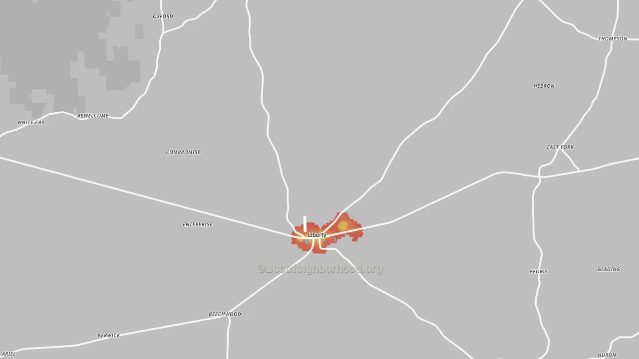 Walk Grade map of Amite County, MS, walkable areas in green and car-dependent areas in red