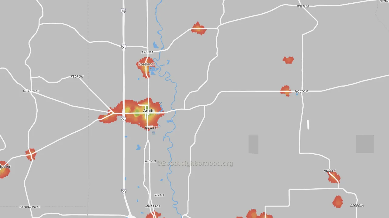 Walk Grade map of Amite, LA, walkable areas in green and car-dependent areas in red