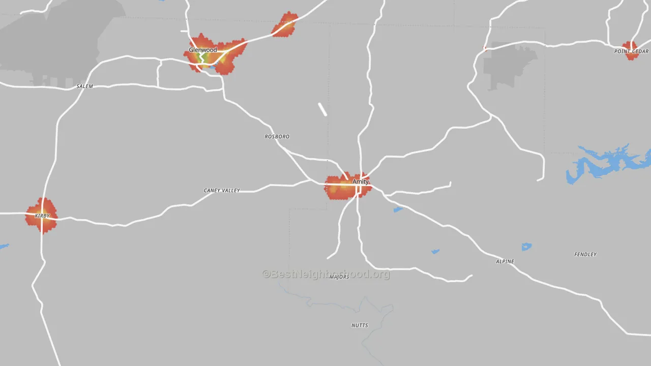 Walk Grade map of Amity, AR, walkable areas in green and car-dependent areas in red