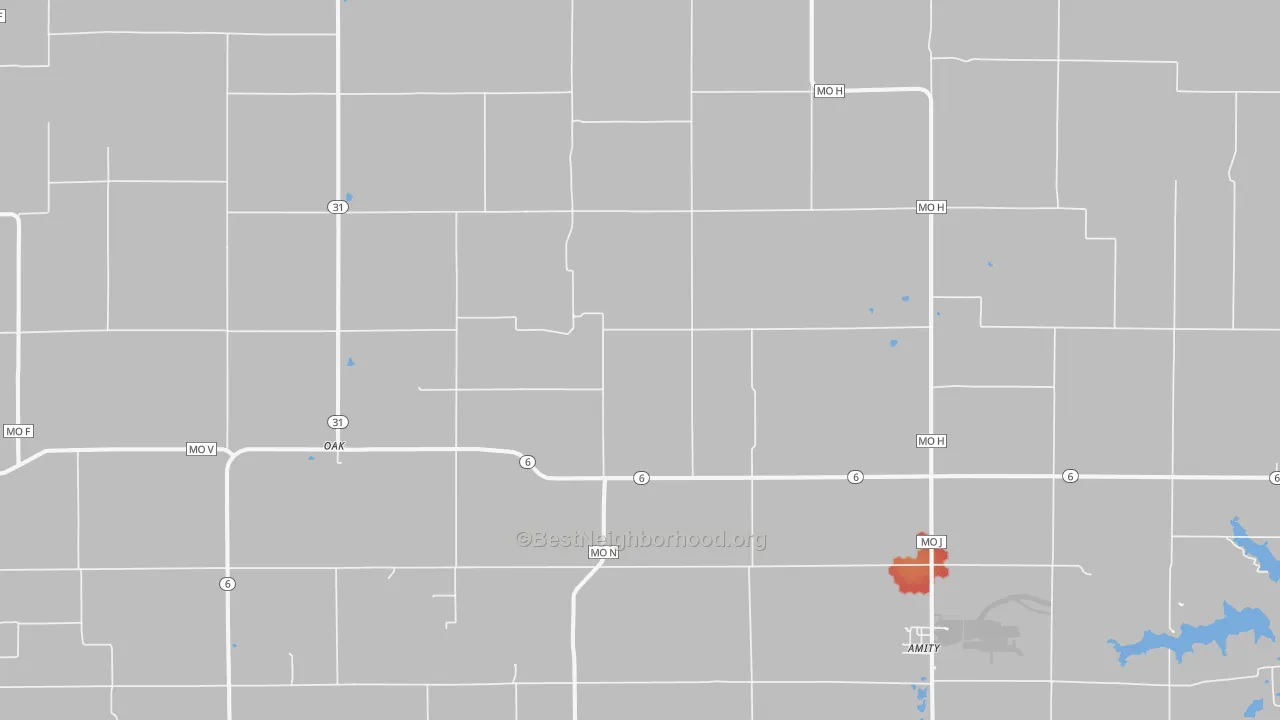 Walk Grade map of Amity, MO, walkable areas in green and car-dependent areas in red