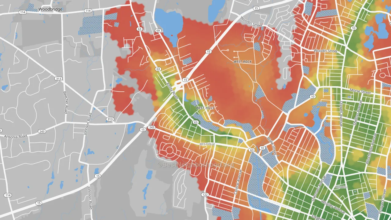 Walk Grade map of Amity, New Haven, CT, walkable areas in green and car-dependent areas in red