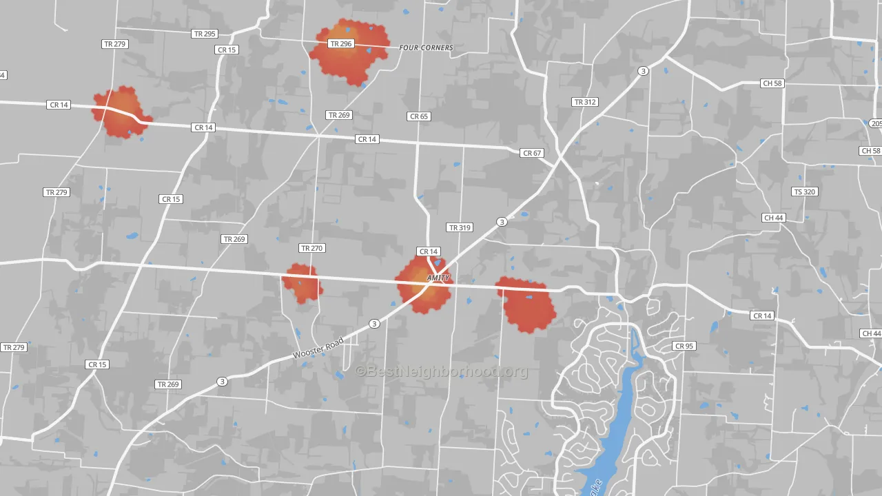 Walk Grade map of Amity, OH, walkable areas in green and car-dependent areas in red